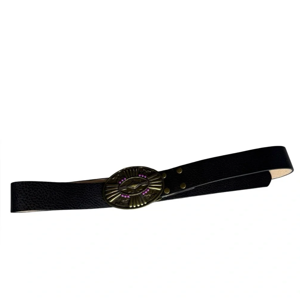 Vintage Suzanne Somers Western Pebbled Leather Belt M/L Boho Brown Brass Concho